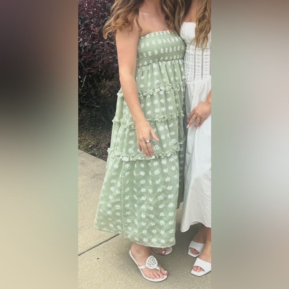 Lulu's Sage Green Strapless Floral Tiered Maxi Dress